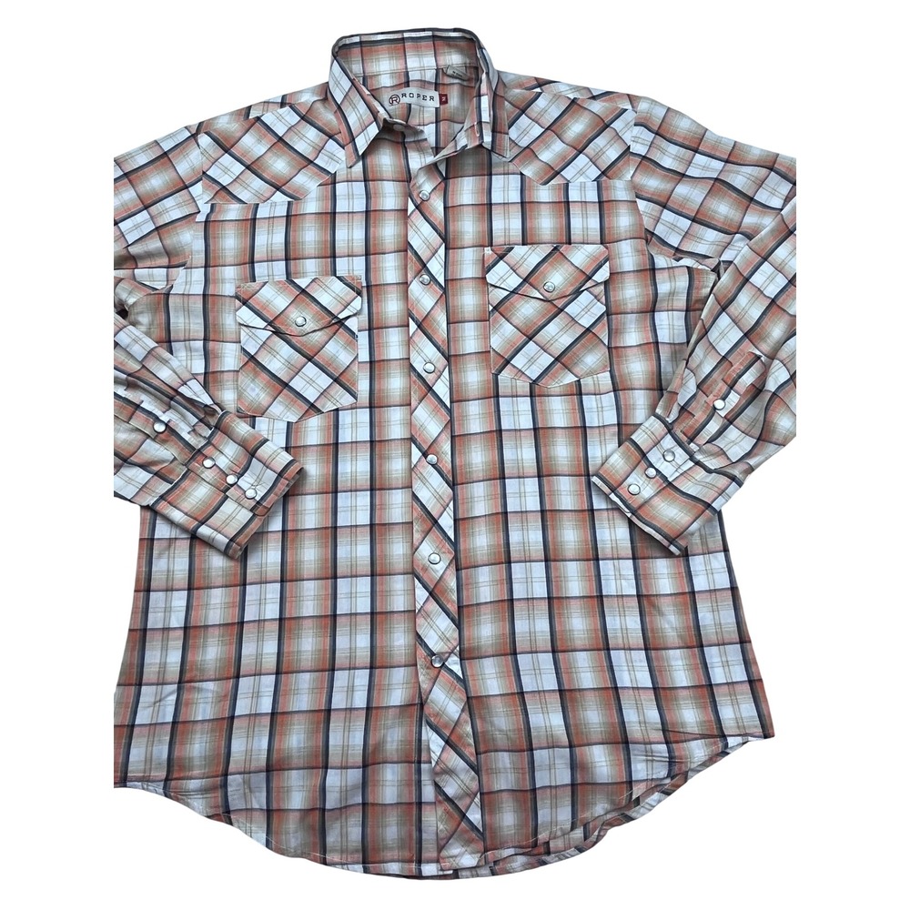 Roper Mens Plaid Pearl Snap Western Shirt Orange Tan Navy Blue M